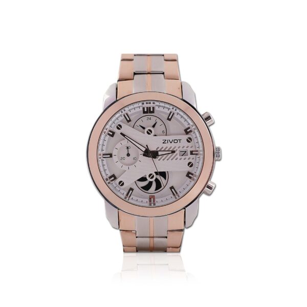 ZIVOT Double Time Watch with Date, Day, Rose Gold & Stainless Steel Strap