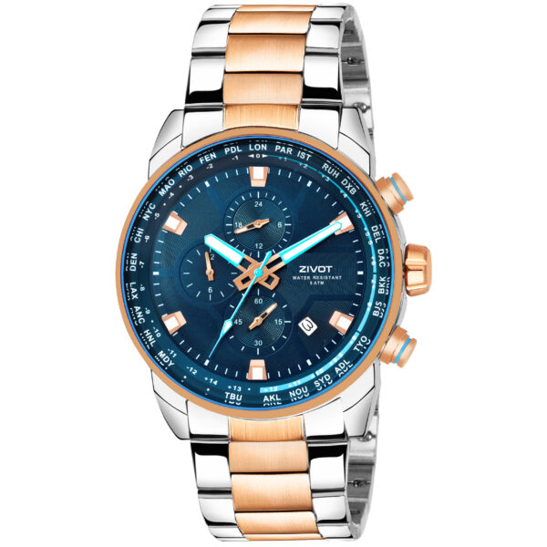 Men's Golden Watch with Blue Dial and Bimetal Stainless Steel Band