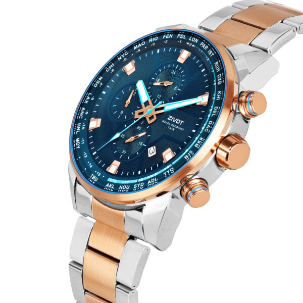 Men's Golden Watch with Blue Dial and Bimetal Stainless Steel Band