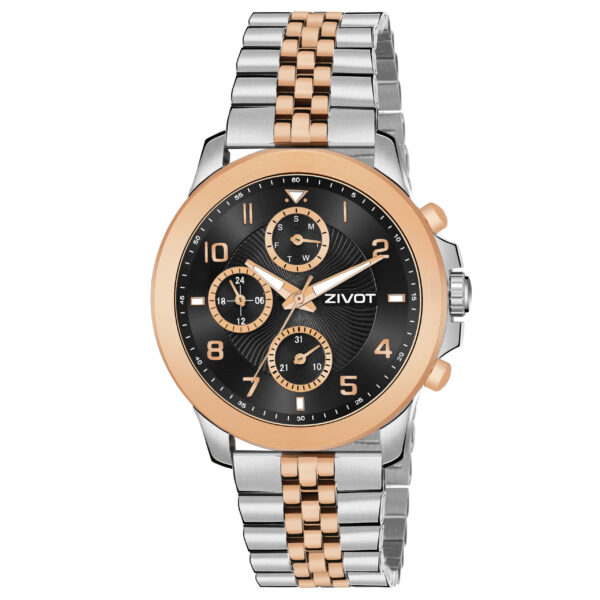 Golden Black Watch with Date, Rose Gold & Silver Band