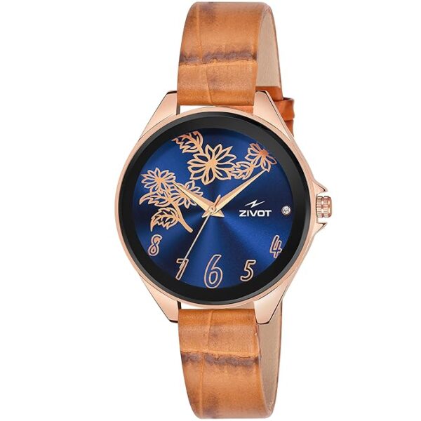ZIVOT-Z-0025 Gold Bezel Analog Watch with Blue Dial & Leather Strap