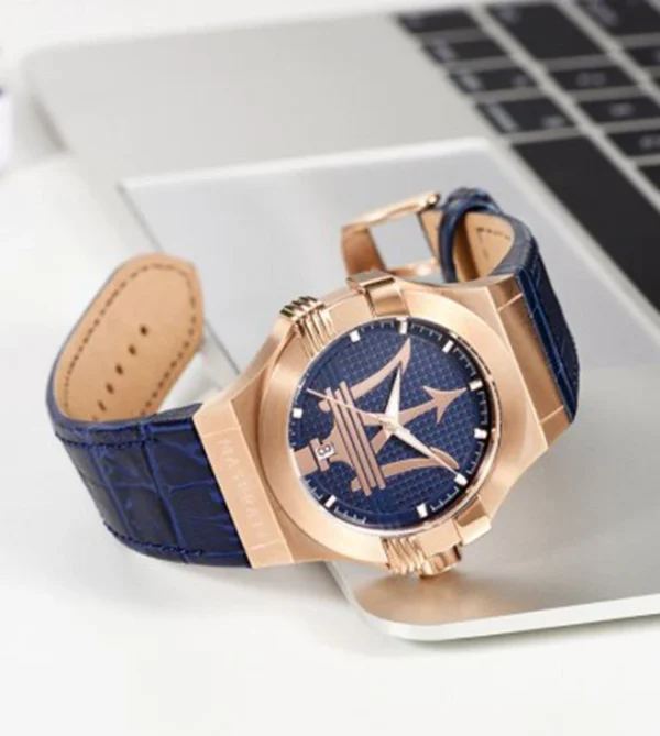 MASERATI Potenza Blue Dial Watch for Men, Bold Stainless Steel & Leather Strap