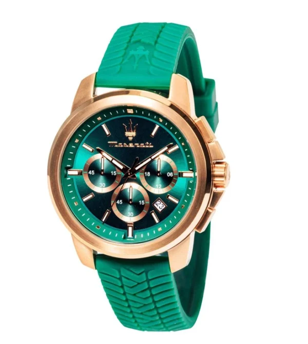 MASERATI Successo Chronograph Quartz Watch for Men, Green Dial & Silicone Strap