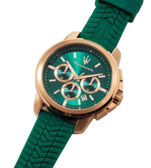 MASERATI Successo Chronograph Quartz Watch for Men, Green Dial & Silicone Strap