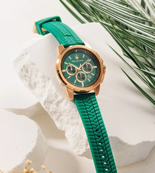 MASERATI Successo Chronograph Quartz Watch for Men, Green Dial & Silicone Strap