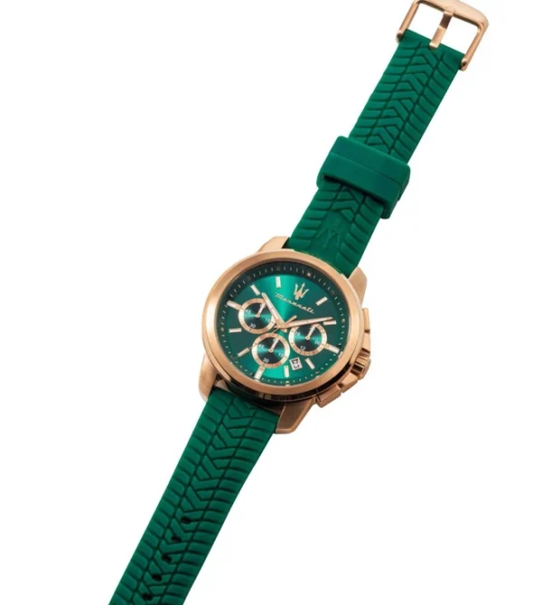 MASERATI Successo Chronograph Quartz Watch for Men, Green Dial & Silicone Strap