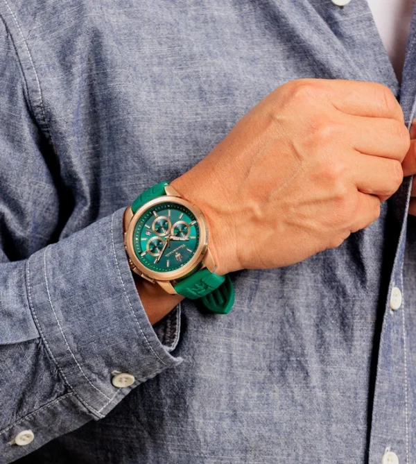 MASERATI Successo Chronograph Quartz Watch for Men, Green Dial & Silicone Strap