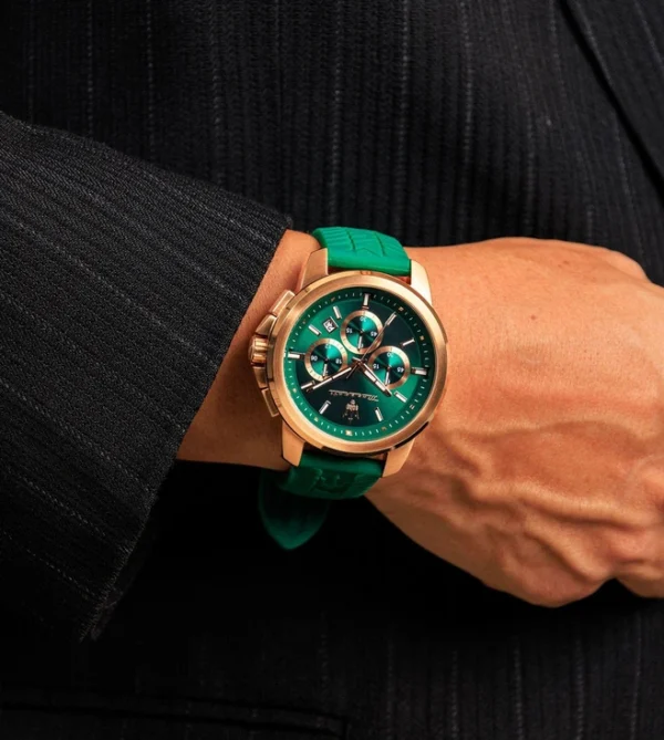 MASERATI Successo Chronograph Quartz Watch for Men, Green Dial & Silicone Strap