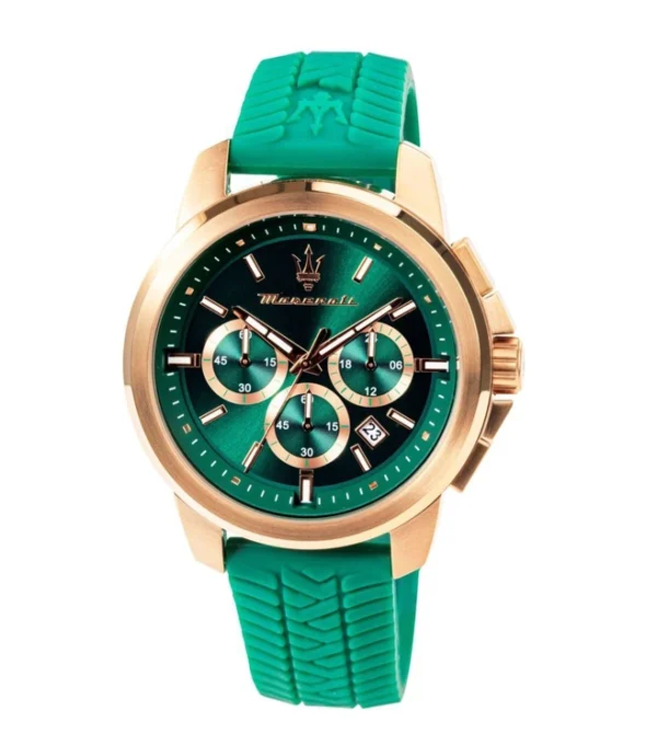 MASERATI Successo Chronograph Quartz Watch for Men, Green Dial & Silicone Strap