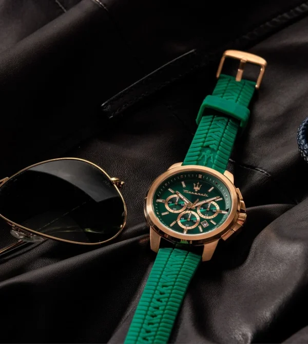 MASERATI Successo Chronograph Quartz Watch for Men, Green Dial & Silicone Strap