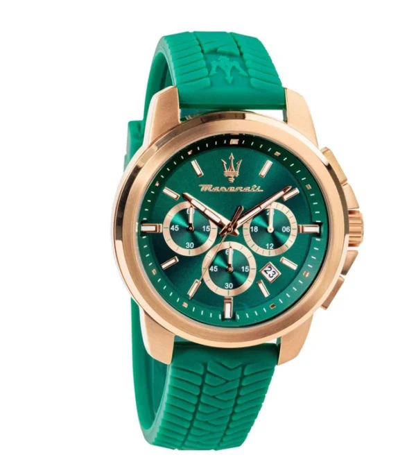 MASERATI Successo Chronograph Quartz Watch for Men, Green Dial & Silicone Strap