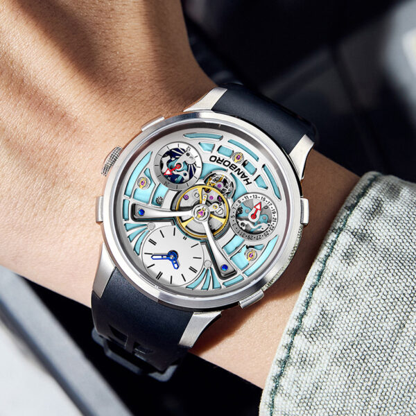 Hanboro Skeleton Automatic Watch with Light Blue Dial