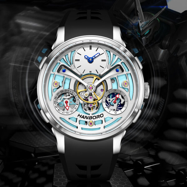 Hanboro Skeleton Automatic Watch with Light Blue Dial