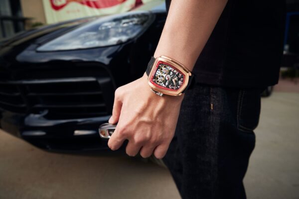 Hanboro Skeleton Automatic Watch with Rose Gold Dial