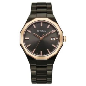 Titan Regalia Dodecagon Quartz Analog with Date Grey Dial Black Stainless Steel Strap Watch For Men